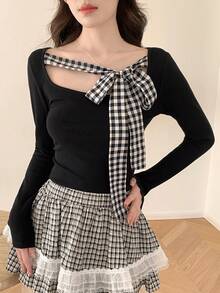 FRIFUL Damen Frühling/Sommer kariertes Schleife-Dekor Quadrat-Kragen Langarm Figurbetontes vielseitiges T-Shirt - Schwarz - Übersicht 7