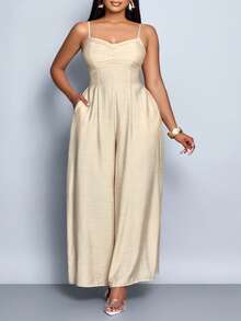 SHEIN PETITE CURVE Women's Draped Front Draped Collar Lace Up Backless Wide Leg Cami Jumpsuit, For Everyday Wear & Vacation - Apricot - View 4