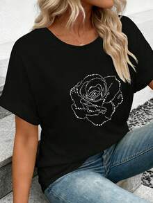 EMERY ROSE Women's Loose Fit Black T-Shirt With 3D Pearl Embellishment - Black - View 3