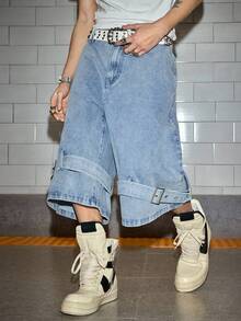 ROMWE MEN Grunge Punk Men's Partial Strap Decorative Denim Shorts - Blue - View 5