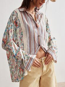 Bohemela Women's Casual Boho Woven Patchwork Long Sleeve Loose Blouse For Summer Holiday Vacation Beige - Multicolor - View 1