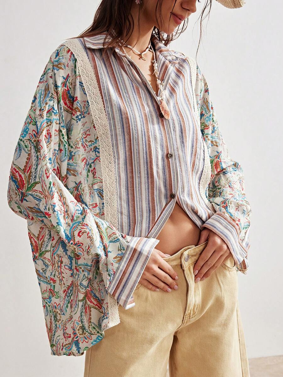 Bohemela Women's Casual Boho Woven Patchwork Long Sleeve Loose Blouse For Summer Holiday Vacation Beige - Multicolor - View 1