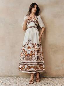 Anewsta Abito elegante da donna in stile vintage con stampa floreale vintage, scollo a V, maniche a palloncino, vita aderente e gonna ampia, snellente e affascinante - Albicocca - Visualizzare 3
