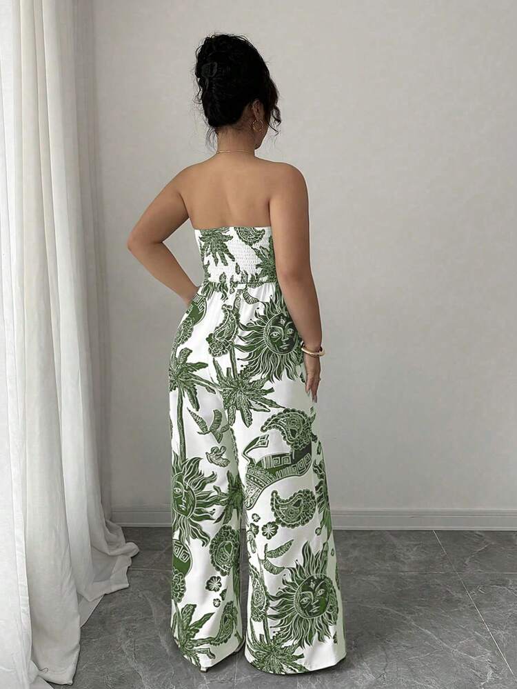 Elenzga Mono de mujer con estampado, cintura ceñida y pierna ancha, elegante para vacaciones, viajes y uso diario - Verde militar - Añade 2