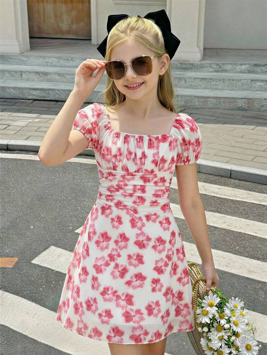 SHEIN 少女优雅印花泡泡袖荷叶边连衣裙，法式风格 - 粉色 - 查看 1