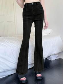 Joudiya Women Casual Daily Wear Flared Jeans With Pockets - Black - View 3