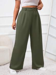 SHEIN PETITE CURVE 大码纯色前扣简约休闲西装裤，适合毕业季、返校季、教师装等场合，秋冬季日常通勤穿着皆宜。 - 軍綠色 - 查看 4