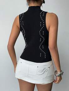 SHEIN Elenzya Women Black Knit Sleeveless Stand Collar Casual Regular Top With Rhinestone Detail - Black - View 2