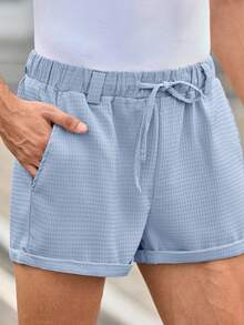 Manfinity VCAY Men's Casual Woven Mid-Waist Rolled Hem Shorts Loose Shorts Comfy Shorts Lounge Shorts Baby Blue Shorts Light Blue Shorts Elastic Waist Shorts Casual Shorts Drawstring Shorts Blue Waffle Shorts Men's Blue Shorts Women Summer Shorts Women's Shorts Summer Blue Shorts For Women - Baby Blue - View 7