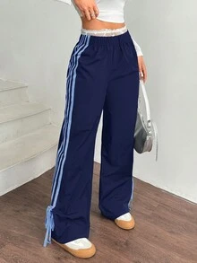 SHEIN EZwear Women Black Side Contrast White Tape Elastic Waist Pants Striped Pants Navy Pants Track Pants Drawstring Pants Wide Pants - Royal Blue - View 1