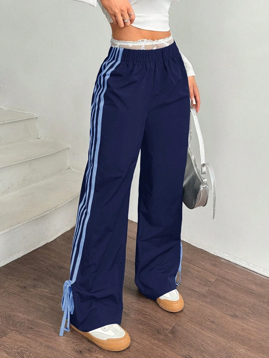 SHEIN EZwear Women Black Side Contrast White Tape Elastic Waist Pants Striped Pants Navy Pants Track Pants Drawstring Pants Wide Pants - Royal Blue - View 1
