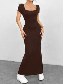 SHEIN EZwear Summer Outfits Square Neck Mermaid Hem Bodycon Dress - Brown - View 3