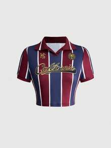 ROMWE Avant Women's Turndown Collar Football Inspired Retro Street Style Cropped Knit Top - Multicolor - View 1