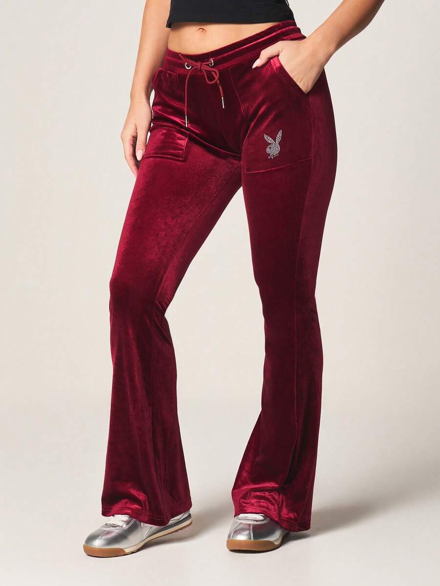 Missguided x Playboy Luxurious Velour Drawstring Joggers With Bunny Logo Flare Leg Casual Lounge Pants Fall Winter Comfort - Burgundy - View 1