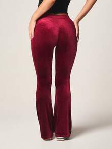 Missguided x Playboy Luxurious Velour Drawstring Joggers With Bunny Logo Flare Leg Casual Lounge Pants Fall Winter Comfort - Burgundy - View 2
