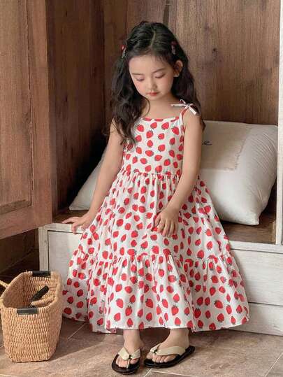 SHEIN Vintaside Kids 少女碎花印花优雅时尚舒适蝴蝶装饰吊带中长连衣裙