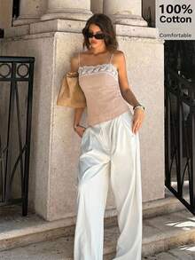 Siren Gaze 2025 Women's Spring/Summer New Design Lace Trim Camisole Top, Unique Minimalist Short Cropped Camisole - Khaki - View 9