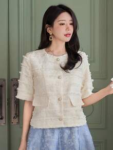 DAZY Women's Elegant Textured Round Neck Faux Pocket Blazer Jacket, Spring/Summer - Beige - View 5