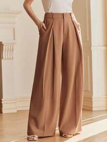 Anewsta Spring New High-End Pleated Slimming Straight-Leg Pants, Women's Wide-Leg Suit Pants - Mocha Brown - View 5