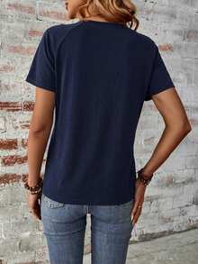 SHEIN LUNE Áo thun ngắn tay in hình lễ hội âm nhạc dành cho nữ, thích hợp cho mùa xuân/hè. - Màu xanh hải quân - Xem 2