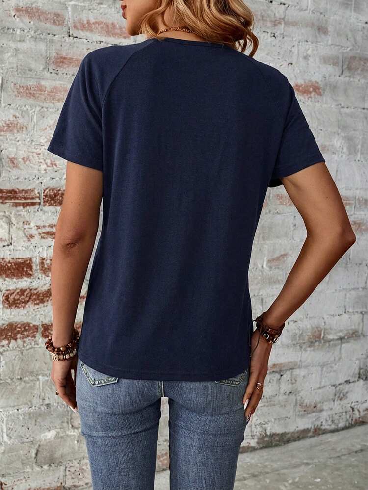 SHEIN LUNE Music Festival Graphic Short Sleeve T-Shirt For Women, Spring/Summer Nice Tops Women Tees For Women V Neck Tops V Neck Tshirts Women - Navy Blue - View 2