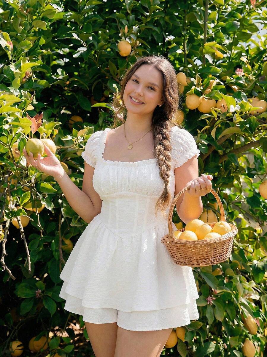 SHEIN MOD Combishort À Manches Bouffantes Et Buste Froncé Pour Femmes De Grande Taille - Blanc - Voir 1