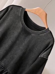 CosyJoli Damen Große Größen Rundhals Langarm Rüschen Saum Gewaschener Sweatshirt, Lässiger Pendler Mode Schwarzer Sweatshirt, Alltagskleidung für Muttertag - Schwarz - Übersicht 7