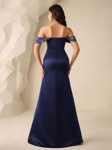 Coutiva Women's Off Shoulder Beaded & Rhinestone Embellished Formal Evening Gown (Heavily Embellished) Women's Sequin Mermaid Formal Evening Gown One Shoulder Formal Dress Purple Women Evening Dress Gowns Glamorous Dress Dress Elegant Gala Dress Elegant Valentines Dress Elegant Dress Sequin Dress Pink Red Dress Floral Dress Valentines Dress Elegant Dress Sequin Dress Floral Dress Luxury Graduation Ceremony, School Opening, Music Festival, Birthday Party, Wedding, Afternoon Tea Gathering, Ball - Navy Blue - View 2