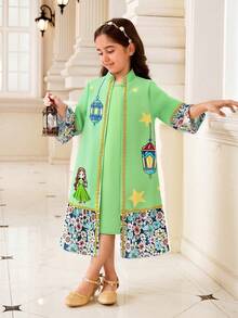 中东风情优雅女童两件套，包括一件立领长款开衫外套和一件无袖长裙，适合日常穿着和正式场合，春秋季节穿着。 - 綠色 - 查看 7
