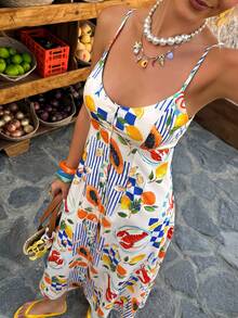 Selianne 女士龙虾海洋生物印花开衩设计休闲度假沙滩中长吊带裙 - 彩色 - 查看 6