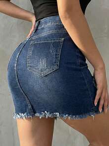 SHEIN LUNE 女士高腰口袋做旧毛边牛仔裙 - 深色水洗藍 - 查看 2