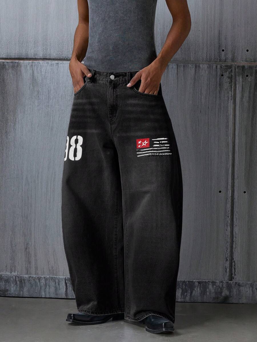 NEON BLANC Men's Letter & Number Print Slant Pocket Casual Jeans - Black - View 1