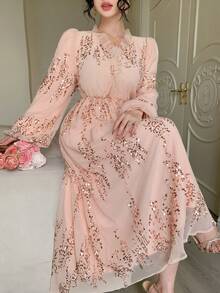 DAZY 女士V领长袖收腰纹理面料亮片装饰优雅连衣裙 - 粉色 - 查看 1