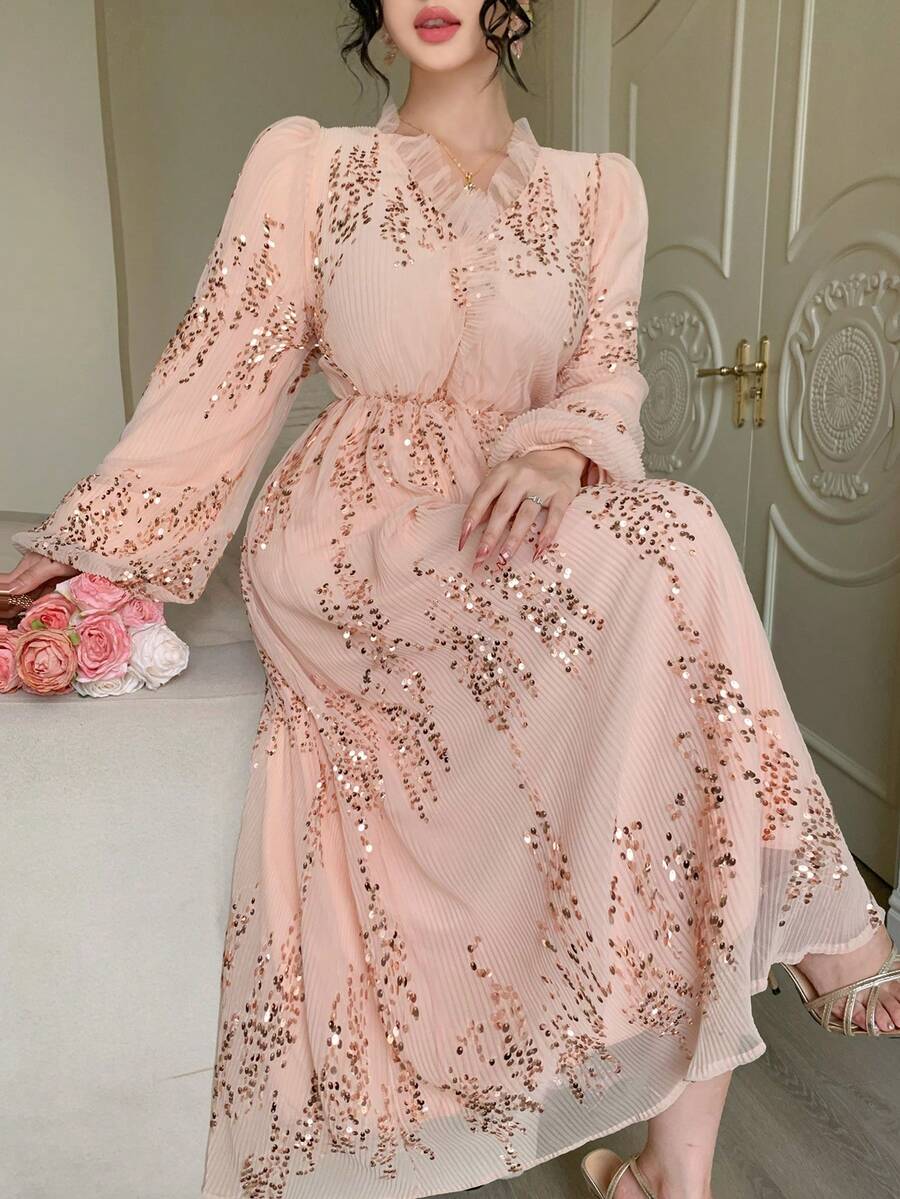 DAZY 女士V领长袖收腰纹理面料亮片装饰优雅连衣裙 - 粉色 - 查看 1