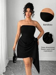 Elenzga Plus Size Elegant 3D Floral Asymmetrical Hem Strapless Waist Cinched Dress, Black Summer Curve Cocktail Tube Bandeau Dress - Black - View 1