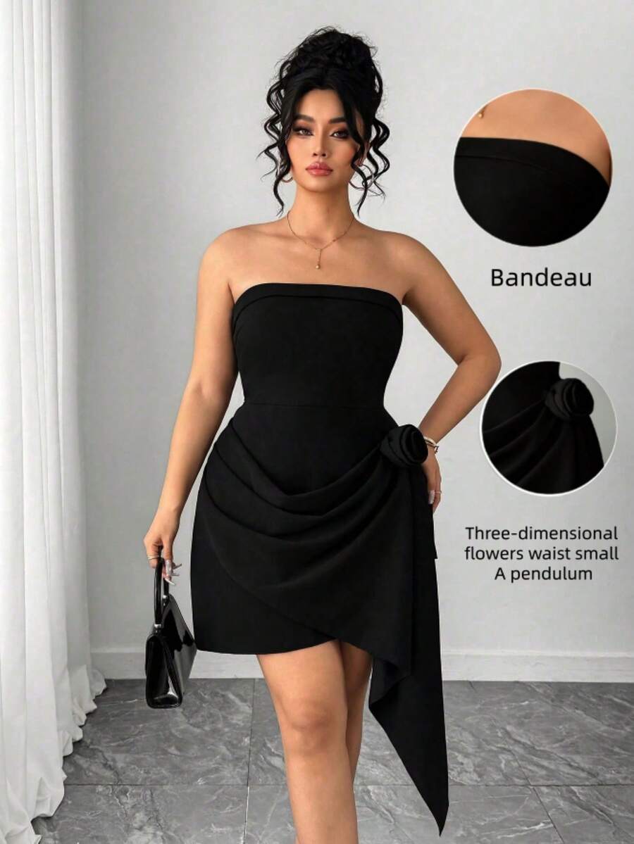Elenzga Plus Size Elegant 3D Floral Asymmetrical Hem Strapless Waist Cinched Dress, Black Summer Curve Cocktail Tube Bandeau Dress - Black - View 1