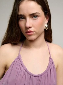 Nöista Loose, Flowy Halter Top In Mauve Shade. Features A Gathered Neckline, Lightweight Layered Fabric, And Mini Ruffle Trim Detail. Perfect For Spring , Spring Breaks, Spring , Casual, Or Vacation Looks. - Purple - View 6