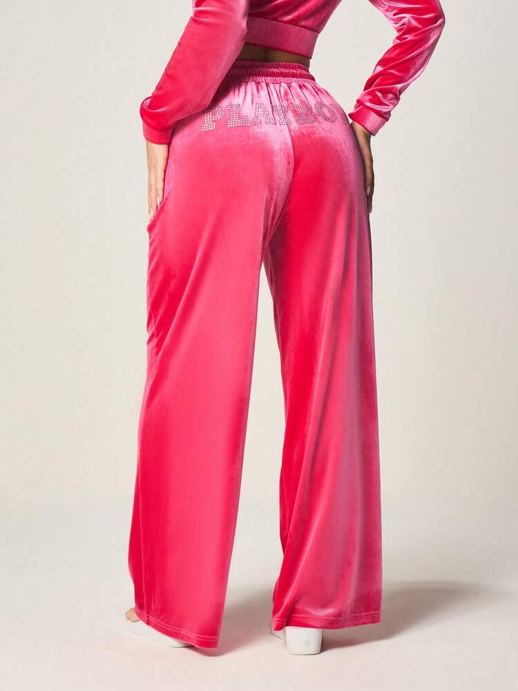 Missguided x Playboy Wide Leg Velvet Joggers With Drawstring Waist And Rhinestone Bunny Logo For Casual Comfort And Style