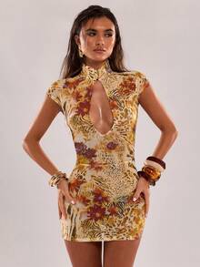 SHEIN BAE 女士花卉叶子印花立领修身迷你连衣裙，性感派对连衣裙 - 黃色 - 查看 6