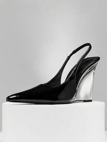 SHUZIA Women's Wide-Fit Pointed Toe, Elegant Fashionable Sling Back Wedge Heels Valentine's Day - Black - View 6