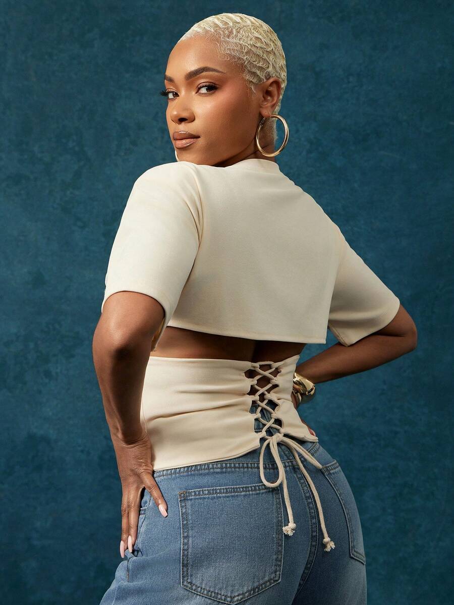 Vixey 杏色纹理针织不对称束腰下摆系带收腰垫肩上衣 - 杏色 - 查看 1