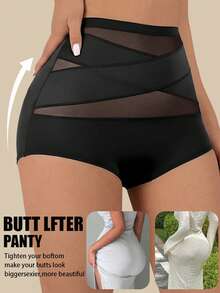 Women's Mesh Patchwork Shaping Cinched Waist Pants - Black - View 1