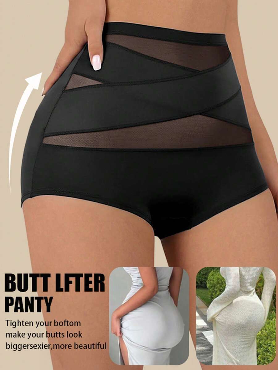 Women's Mesh Patchwork Shaping Cinched Waist Pants - Black - View 1