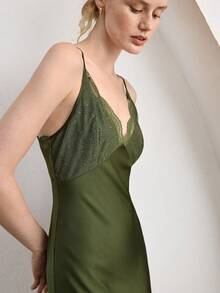 Ocili Bohemian Satin Lace Simple V-Neck Spaghetti Strap Maxi Dress, Comfortable Women Nightgown - Green - View 1