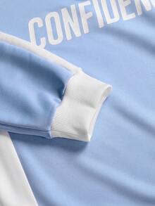 SLATEMANN Conjunto de sudadera con media cremallera y estampado de letras con contraste de color y pantalón de chándal con cordón en la cintura para hombre - Celeste - Ver 3