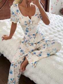 Floral Print Lace Trim Square Neck Button Decor Short Sleeve Pajama Set Pj Set Women Lounge Sets Floral Pj Set Sleep Wear Women 2 Piece Set Pajamas Set - Beige - View 6