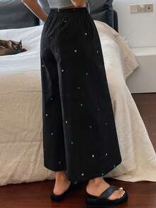 DAZY Heart Print Wide Leg Capri Pajama Pants For Women - Black - View 2