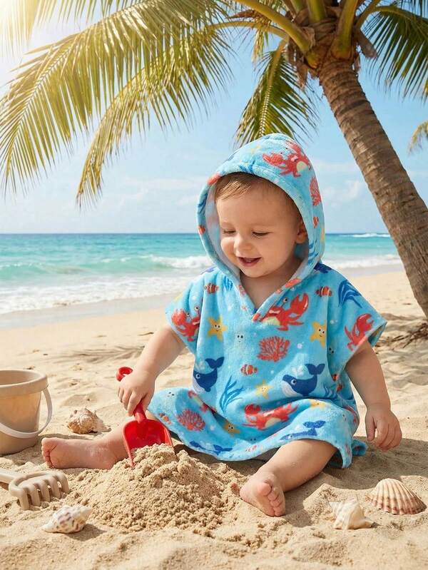 SHEIN TaviRue Babyboy/Babygirl Cute Casual Flannel Cartoon Pattern Loose Hooded Swimsuit Cover-Up, Suitable For Beach, Spa, Swimming