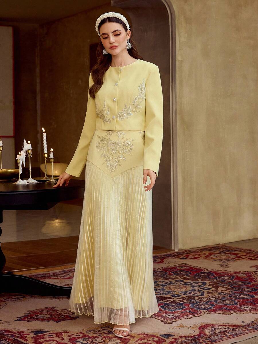 ZEYLAH Women's Round Neck Floral Embroidery Pattern Single-Breasted Casual Versatile Daily Wear Long Sleeve Jacket - Light Yellow - View 1