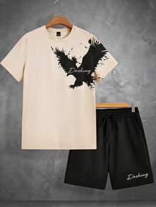 SHEIN 青少年男孩动物卡通老鹰撞色印花T恤和字母印花短裤套装，休闲、上学、旅行、户外运动、假日穿着，舒适、柔软、百搭 - 彩色 - 查看 3
